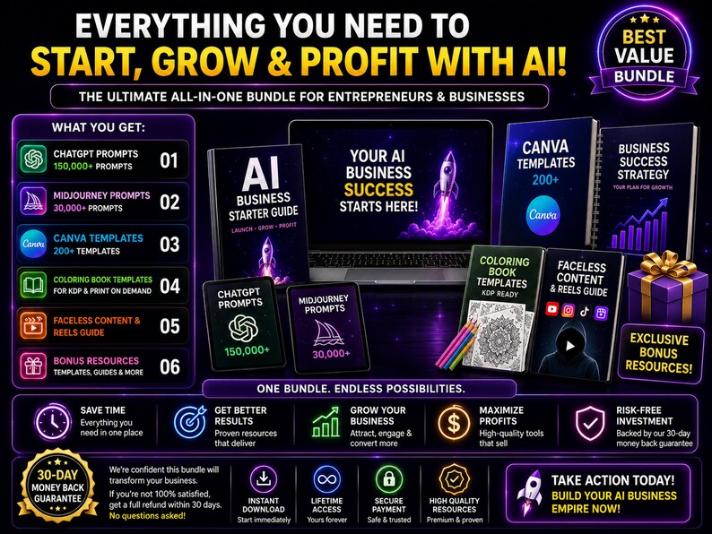 Complete AI business bundle with prompts templates guides bonus files and instant access for entrepreneurs and Etsy sellers