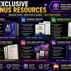 Exclusive bonus resources bundle with PLR ebooks workbook templates social media templates business checklists and AI starter guides
