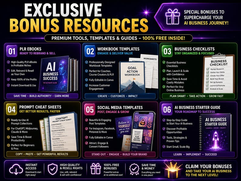 Exclusive bonus resources bundle with PLR ebooks workbook templates social media templates business checklists and AI starter guides