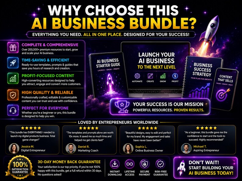 Why choose this AI business bundle with digital resources Canva templates ChatGPT prompts and tools for online business growth