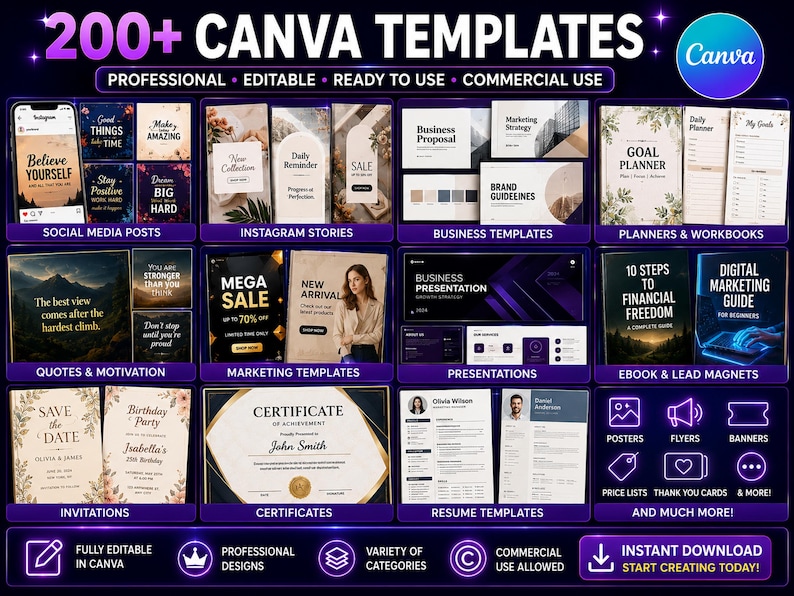 200 plus Canva templates bundle for social media business planners and digital product sellers editable instant download