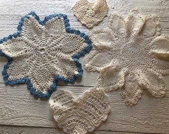 4 Vintage Crochet Doilies ( 2 Vintage Star /Petal Doilies & 2 Crochet heart doilies)