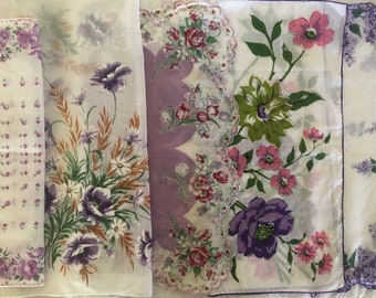 5 Vintage Handkerchief set Purple / Lavender Hankies  1 FREE WHITE with every order.
