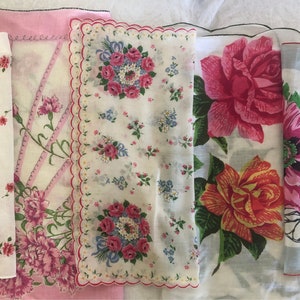 5 Vintage Handkerchief set Pink / Red Hankies  1 FREE WHITE with every order.