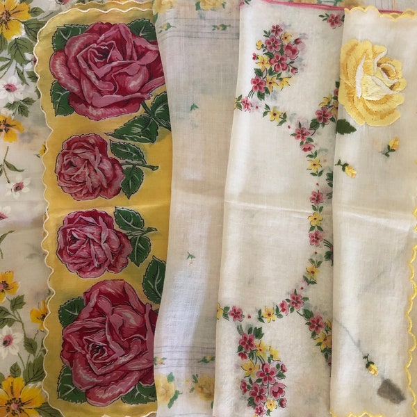 5 Vintage Handkerchief set Yellow Hankies  1 FREE WHITE with every order.