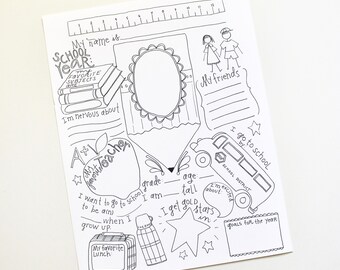Feuillet d'une page À propos de moi et de l'école, 8 1/2 x 11 po., écrit à la main et illustré par Aimee Ferre, fichier numérique à télécharger