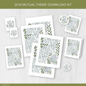 May include: A set of printable cards with a white background and green olive branches. The cards feature a dove and the text "Learn of me and listen to my words, walk in the meekness of my spirit, you shall have peace in me."  The text is in a handwritten font.