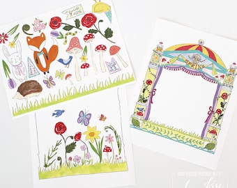 Clipart théâtre de marionnettes de Pâques printemps et panier de Pâques