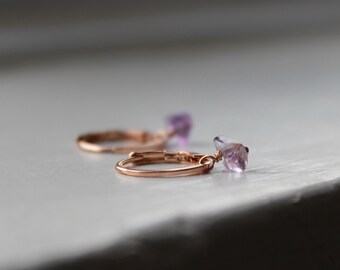 Rose Gold Hoop Earrings, Amethyst Earrings, Genuine Gemstone Jewelry, 18k gold filled, Small Hoops, Purple Gemstone, Hypoallergenic Jewelry
