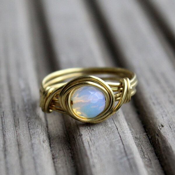 Opalite Ring ( White Opal Ring, Opal Ring, Gold Opal Ring, 14k gold, brass ring, wire wrapped ring, glass ring, moonstone jewellery )