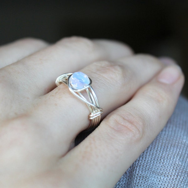 White Glass Opal Ring ( Silver Ring Opalite Moonstone Ring Opalite ring Wire Wrapped Ring Ethereal Jewelry iridescent ring sterling silver