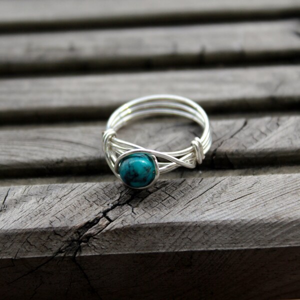 Silver Turquoise Ring ( silver plated, blue stone ring, Wire wrapped, Boho jewelry,  bohemian, semiprecious ring, gemstone ring, blue ring )
