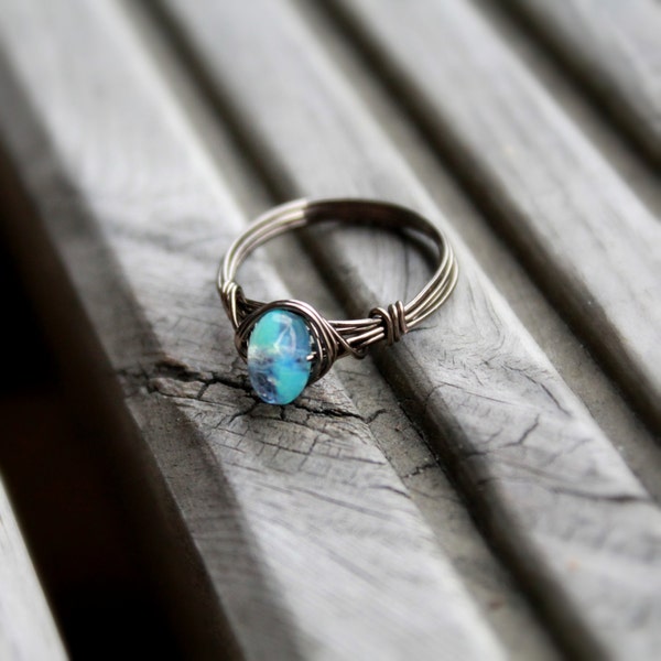Gunmetal Ring ( Aqua Ring, Aqua Blue, Gothic Jewelry, Medieval Ring, Delicate Ring, Blue Ring, Bohemian jewellery, gothic ring )