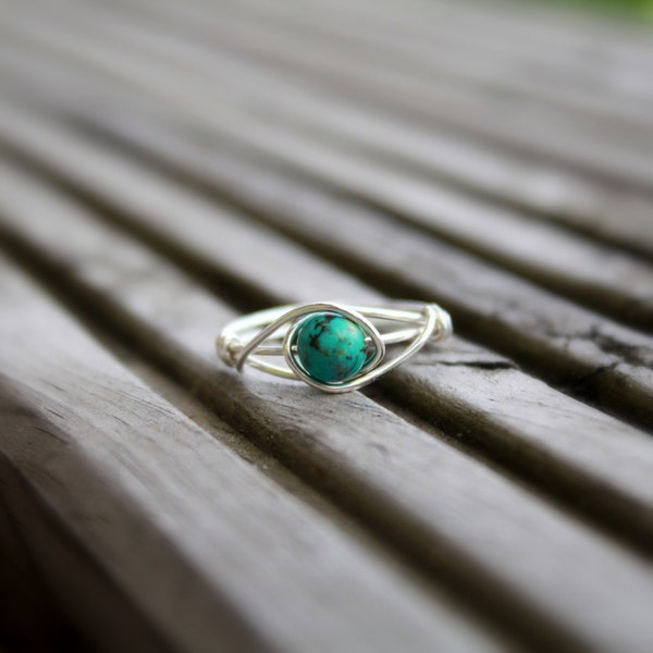 Turquoise Silver Ring ( plated semi precious jewelry blue stone ring, Wire wrapped Elegant Boho Bohemian jewellery)