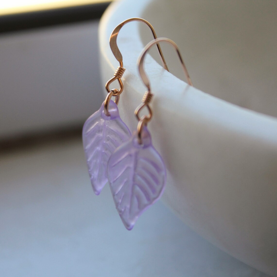 Purple Leaf Earrings Rose Gold Filled Earrings Flower Etsy