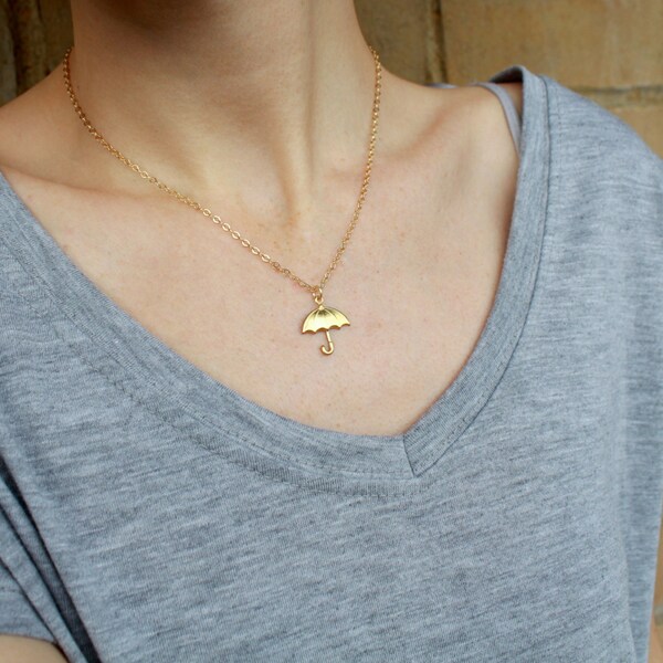 Umbrella Necklace ( Small Gold Necklace, Charm Necklace, Minimalist Necklace, Cute Necklace, Layering Necklace, Dainty Jewellery, Modern )