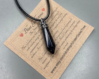 Blue Goldstone Crystal Point Protection Pendant Necklace on vegan friendly cord