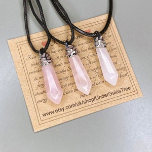 Rose Quartz Crystal Point Healing Pendant Necklace on vegan friendly cord choice of shade