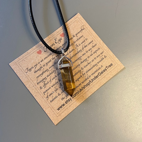 Tigers Eye Crystal Point Protection Pendant Necklace on vegan friendly cord