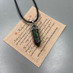 Ruby in Zoisite Point crystal Pendant Necklace on vegan friendly cord