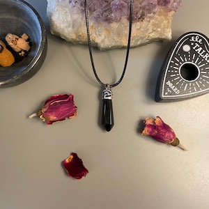 Obsidian Crystal Point Protection Pendant Necklace on vegan friendly cord