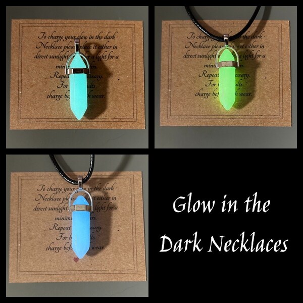 Glow in the dark Crystal Point Pendant Necklace on vegan friendly cord