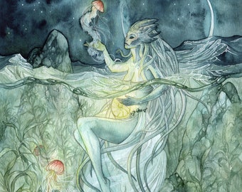 Cancer- Watercolor Art Print, Astrological Art, Cancer Astrology Art, Fantasy Art, Fae Art, Nature Art Print, Forest Spirits, Mystical Art