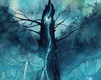 May include: A watercolor painting of a dark blue forest at night with a tall, bare tree in the center. The tree has a large, white moon-shaped hole in its trunk. The forest floor is covered in glowing blue mushrooms.