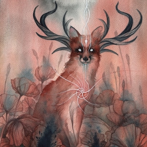 May include: A watercolor painting of a fox with antlers, standing in a field of red poppies. The fox has a white stripe down its face and a white spiral on its chest. The background is a soft pink and gray.