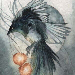L'occhio della tempesta - Stampa artistica ad acquerello, arte degli uccelli, arte fantasy, arte mistica, stampa di dipinti di uccelli, arte delle fate