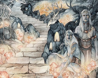 Ascend - wydruk akwarelowy, sztuka fantasy, sztuka wróżek, sztuka wróżek, sztuka mistyczna, malarstwo leśne, sztuka z innego świata, mitologia celtycka, Annwn