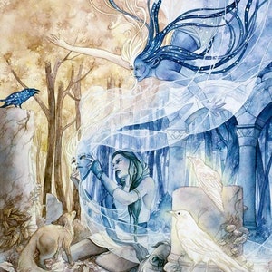 May include: Watercolor painting depicting a mystical scene with figures and animals in shades of blue, white, and gold. A woman holds a mask, while a fox and birds are also present. The artwork evokes a sense of fantasy and ethereal beauty.