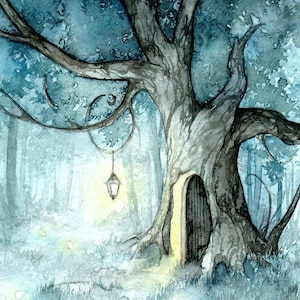 Porta di quercia - Stampa artistica ad acquerello, Arte fantasy, Arte fatata, Stampa artistica della natura, Spiriti della foresta, Arte mistica