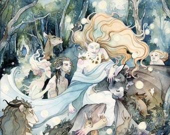 A Midsummer Night's Dream - Watercolor Art Print, Fantasy Art, Fae Art, Nature Art Print, Forest Spirits, Mystical Art, Shakespeare Art