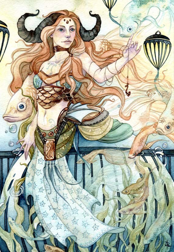 Bubble Fishing- Watercolor Art Print, Fantasy Art, Fae Art, Water Spirits,  Mystical Art, Watercolor Fish Painting, Fish Art, Underwater Art