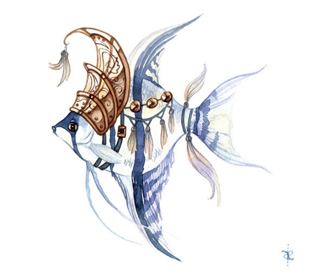 Battle Angelfish - Watercolor Art Print, Fantasy Art, Fantasy Animal ...