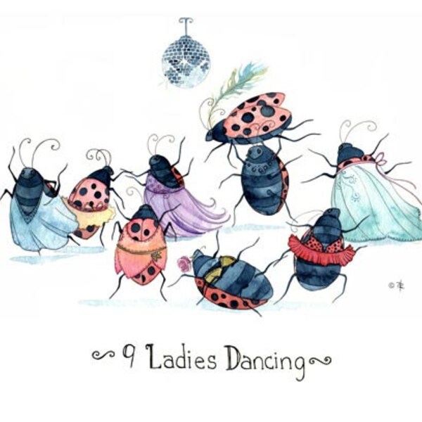 Nine Ladies Dancing- Greeting Card, Cute Cards For Friends, Cute Animal Card, Christmas Cards, Holiday Cards, Twelve Days of Christmas