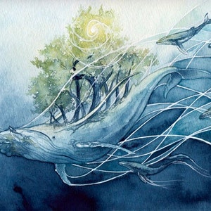 May include: A watercolor painting of a blue whale with a forest growing on its back. The whale is surrounded by white lines that resemble water currents. The painting has a dreamy, ethereal feel.