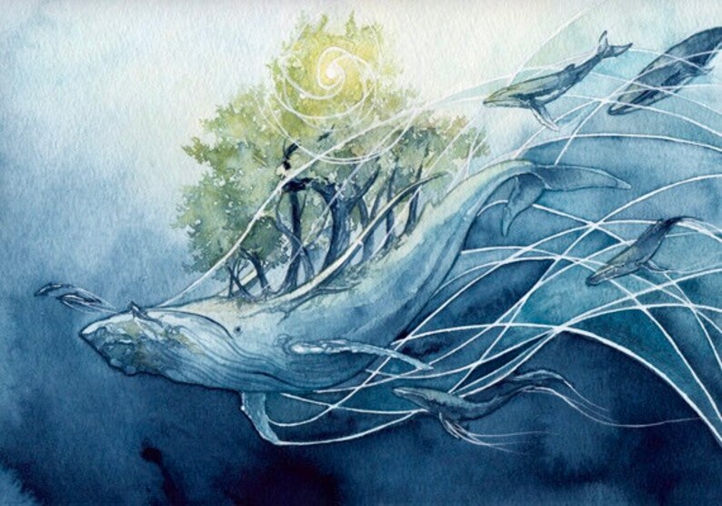 May include: A watercolor painting of a blue whale with a forest growing on its back. The whale is surrounded by white lines that resemble water currents. The painting has a dreamy, ethereal feel.