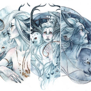 Pack de cartes de déesse triple hiver - pack de cartes de voeux faites main, cartes de voeux vierges, art de la déesse, art fée, art fantastique, art des bois