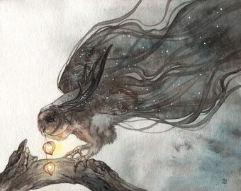 Twilight - Watercolor Art Print, Fantasy Art, Fae Art, Bird Art, Owl Art, Creature Art, Mystical Art