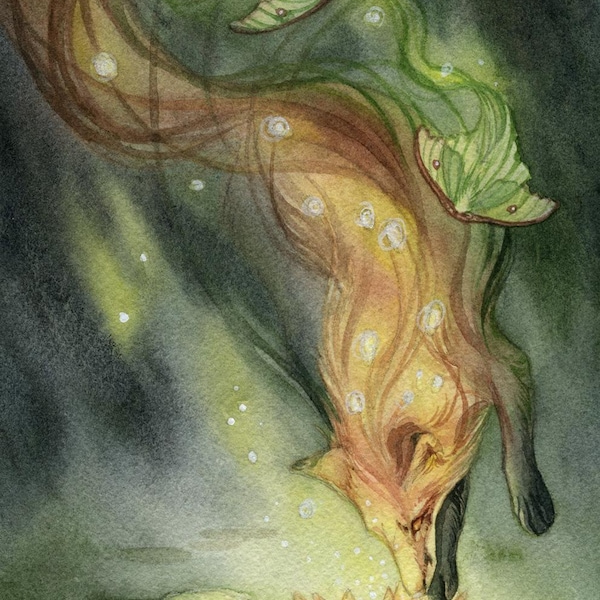 Hope is a Hidden Blossom - Watercolor Art Print, Fantasy Art, Fae Art, Nature Art Print, Forest Spirits, Mystical Art, Fox Art Print