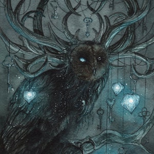 Numinous - Watercolor Art Print, Bird Art, Fantasy Art, Mystical Art, Bird Painting Print, Owl Art, Fae Art