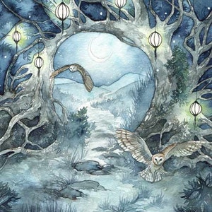 May include: A watercolor painting of a moonlit forest scene with two owls flying through the trees. The trees are adorned with glowing lanterns, creating a magical atmosphere. The path leading through the forest is covered in snow.