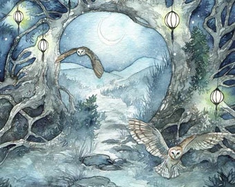 Moonpaths- Watercolor Art Print, Fantasy Art, Owl Art, Mystical Art, Forest Painting, Moon Painting, Lanterns Painting