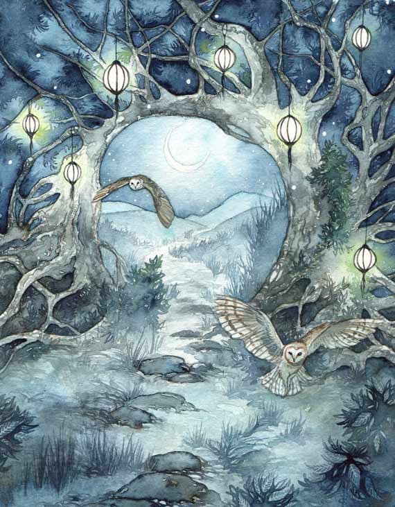 Moonpaths- Watercolor Art Print, Fantasy Art, Owl Art, Mystical Art, Forest Painting, Moon Painting, Lanterns Painting