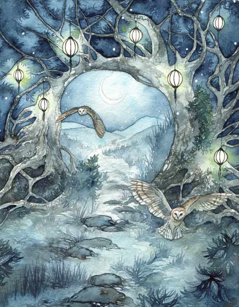 May include: A watercolour painting depicting a moonlit woodland scene with two owls flying through the trees. The trees are decorated with glowing lanterns, creating a magical ambiance. The path leading through the woodland is covered in snow.
