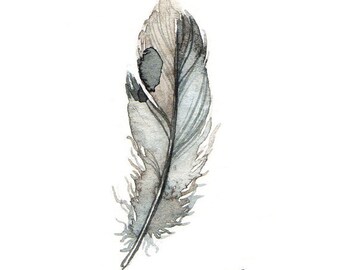 May include: A watercolor painting of a single gray feather with a dark gray spot near the top. The feather is painted in a realistic style and has a soft, feathery texture.
