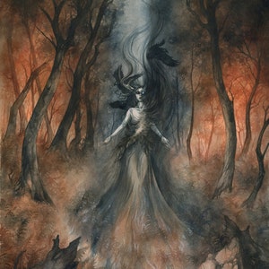May include: A woman with long, dark hair and a white dress stands in a dark forest. She has a ghostly appearance and is surrounded by crows. The forest is filled with fog and the ground is covered in leaves.