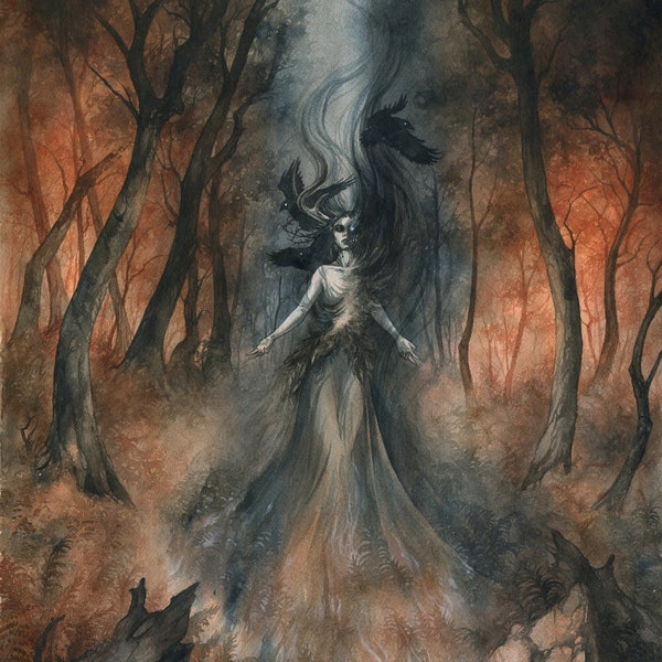 The Dark Lady- Watercolor Art Print, Unseelie Court, Crow Painting, Fantasy Art, Fae Art Print, Faerie Art